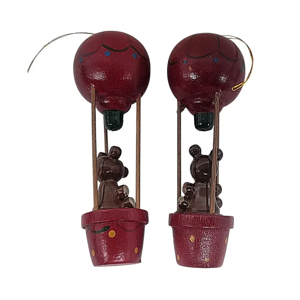 Vtg Lot of 2 Wooden Teddy Bears Hot Air Balloons Christmas Ornaments 4.5